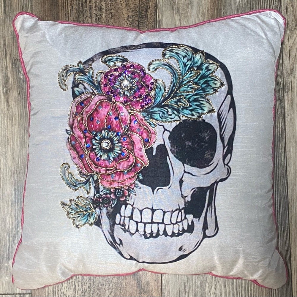 Embroidered and Bead Embellished Skull Decorative Pillow with Floral Design